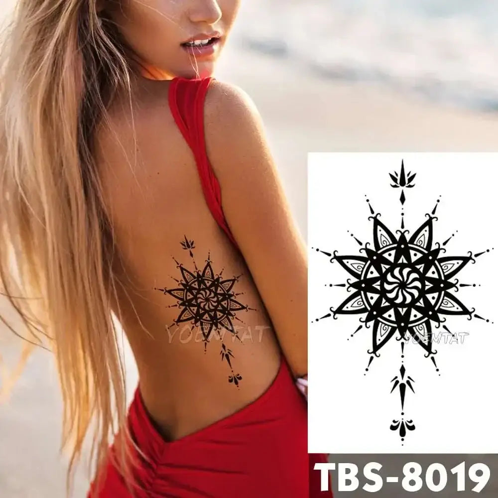 Black mandala temporary body tattoo with intricate geometric and floral patterns in teal phoenix floral waterproof design