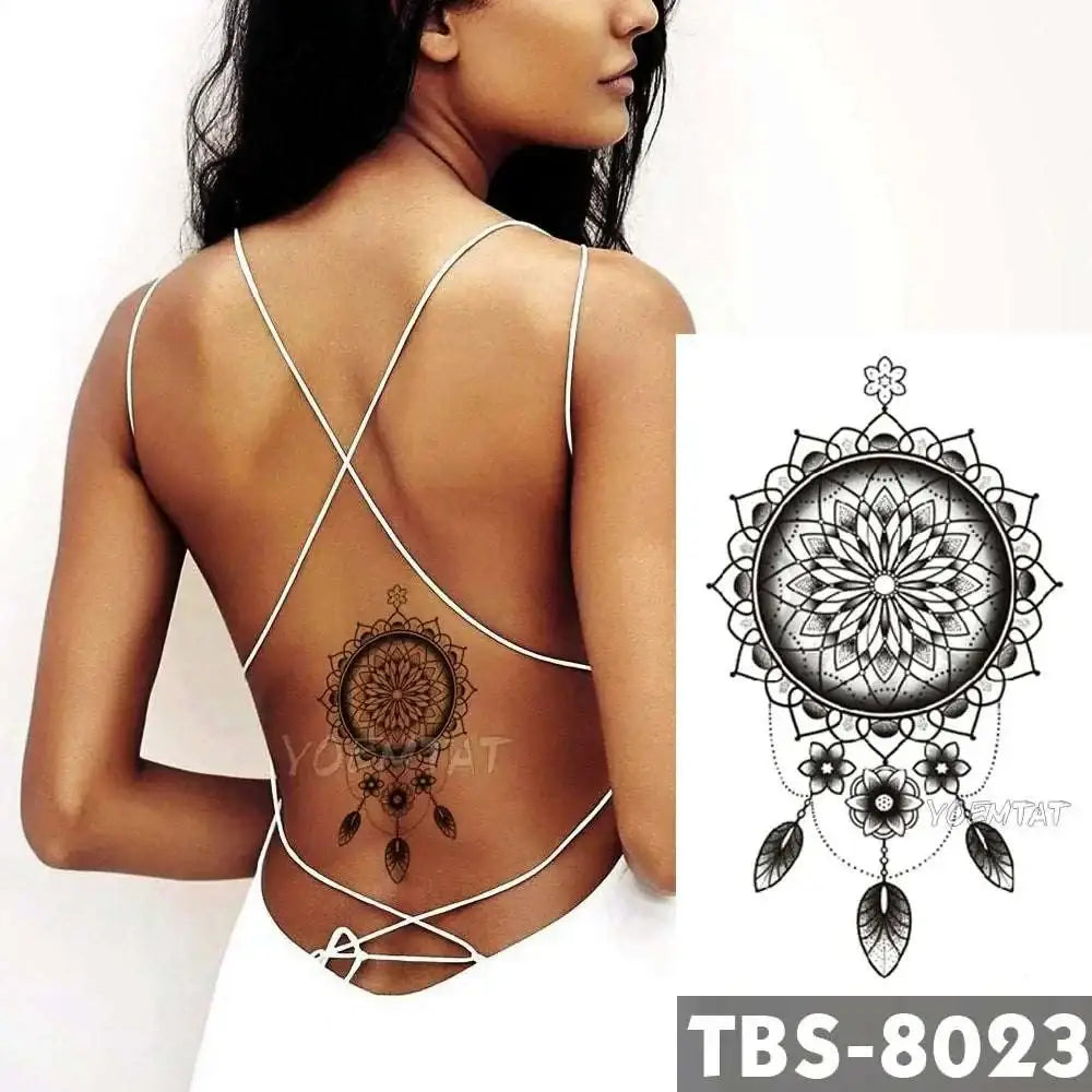 Black and white mandala dreamcatcher design on a teal phoenix floral waterproof temporary body tattoo