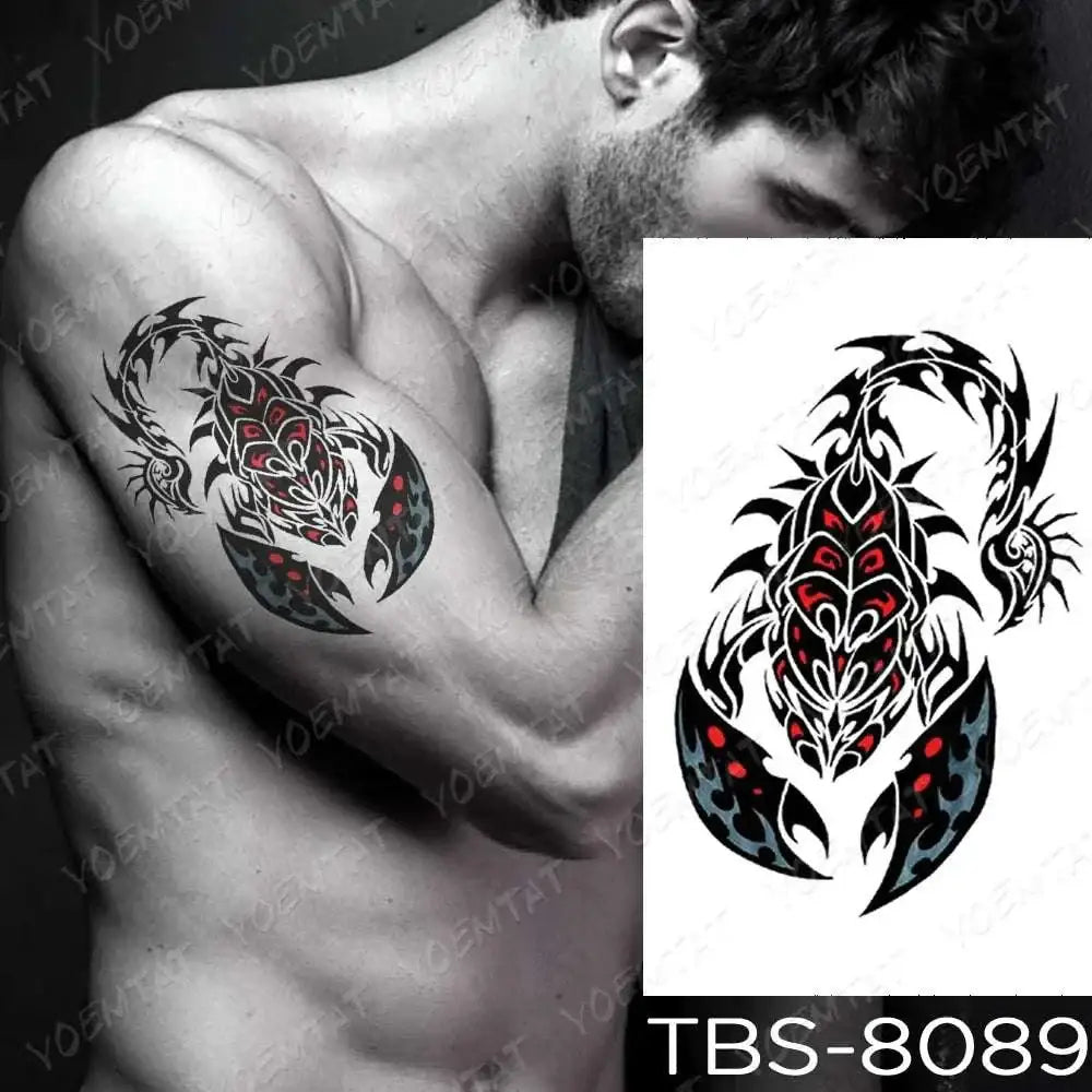Black and red tribal scorpion temporary body tattoo with white details on dark blue background from teal phoenix floral waterproof temporary collection