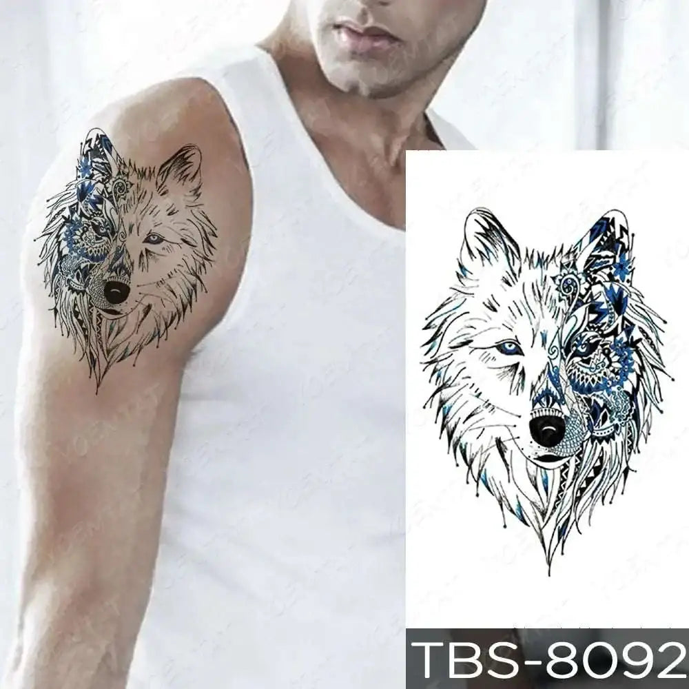 Blue and black ornate wolf face temporary body tattoo design in a floral waterproof temporary teal phoenix collection