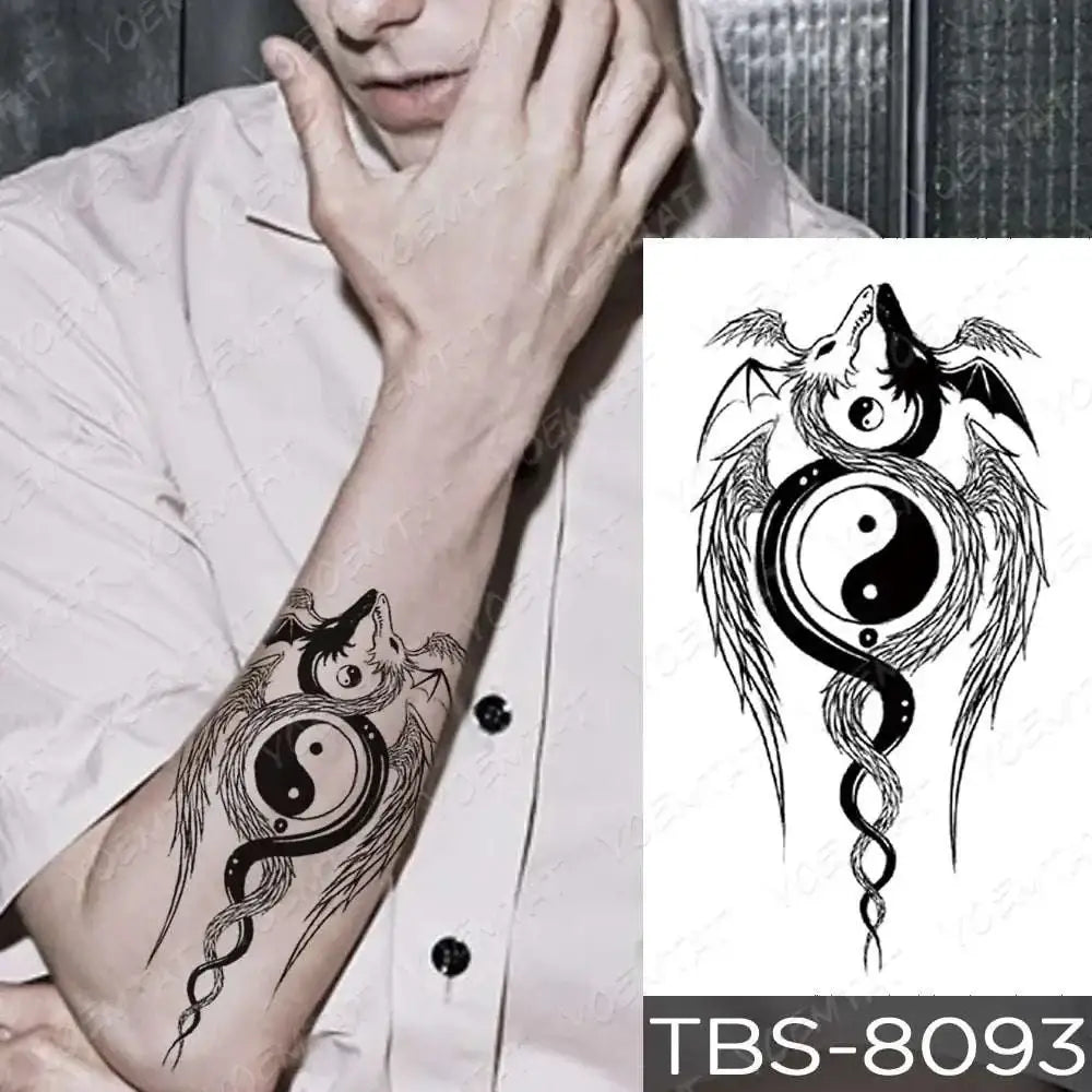 Black and white yin-yang wolf tattoo with wings and dragon features on skin in teal phoenix floral waterproof temporary design