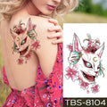 Teal phoenix floral waterproof temporary body tattoo featuring a pink and white fox face with crescent moon and small creatures