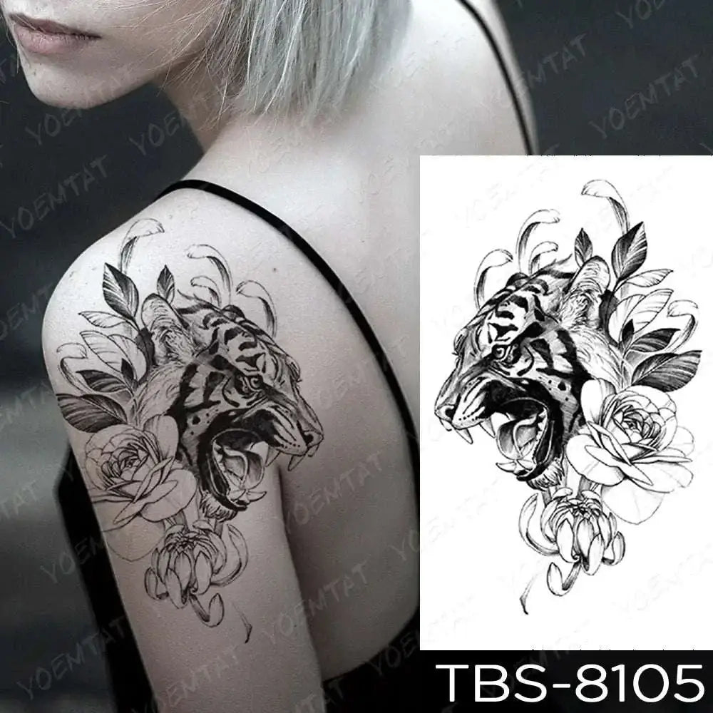 Black and white floral tiger temporary body tattoo sticker with intricate line art from teal phoenix floral waterproof temporary collection