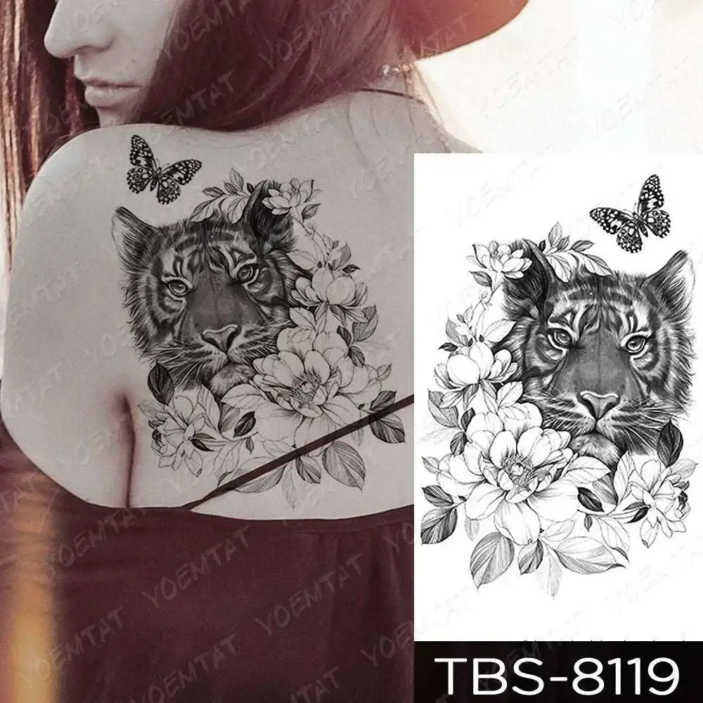 Black and white tiger face floral waterproof temporary tattoo with butterfly accents from teal phoenix collection