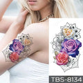 Teal phoenix and floral waterproof temporary tattoo featuring vibrant multi-colored roses with black mandala patterns