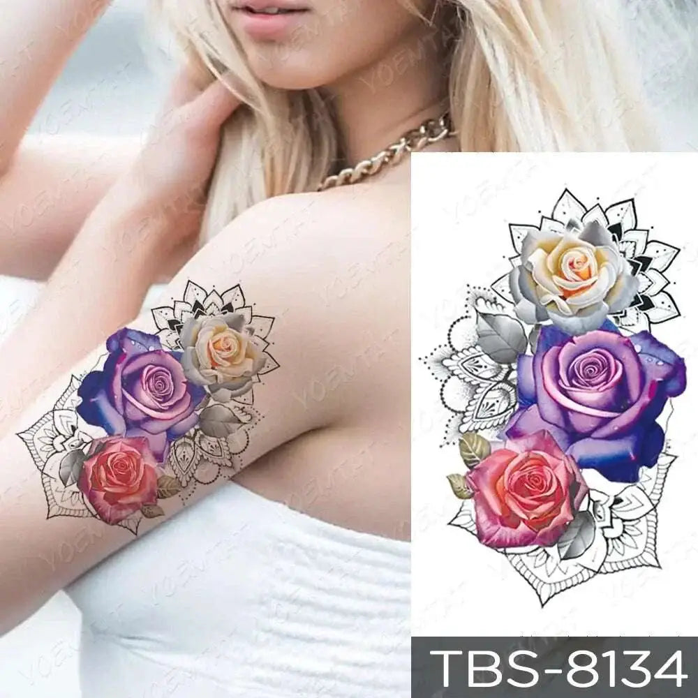 Teal phoenix and floral waterproof temporary tattoo featuring vibrant multi-colored roses with black mandala patterns