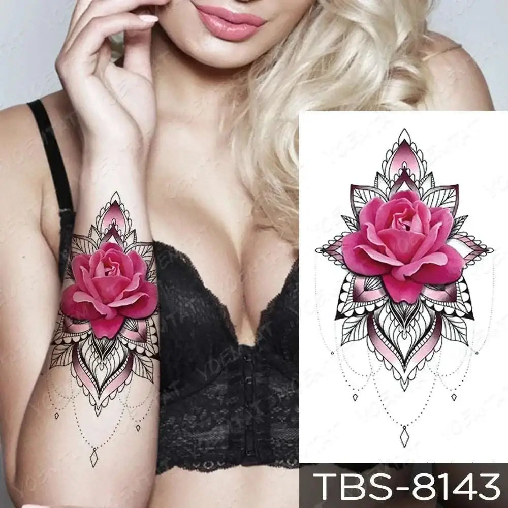 Pink rose temporary body tattoo with intricate black and pink mandala design in teal phoenix floral waterproof temporary tattoo