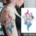 Teal phoenix floral waterproof temporary tattoo featuring a watercolor lotus with black line art and colorful splashes