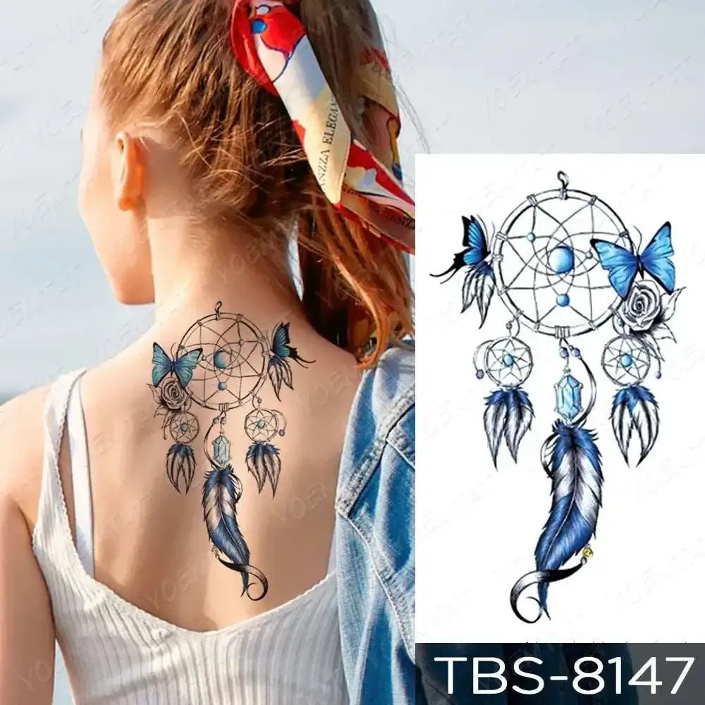 Blue butterfly and feather dreamcatcher temporary body tattoo design in teal phoenix floral waterproof temporary set