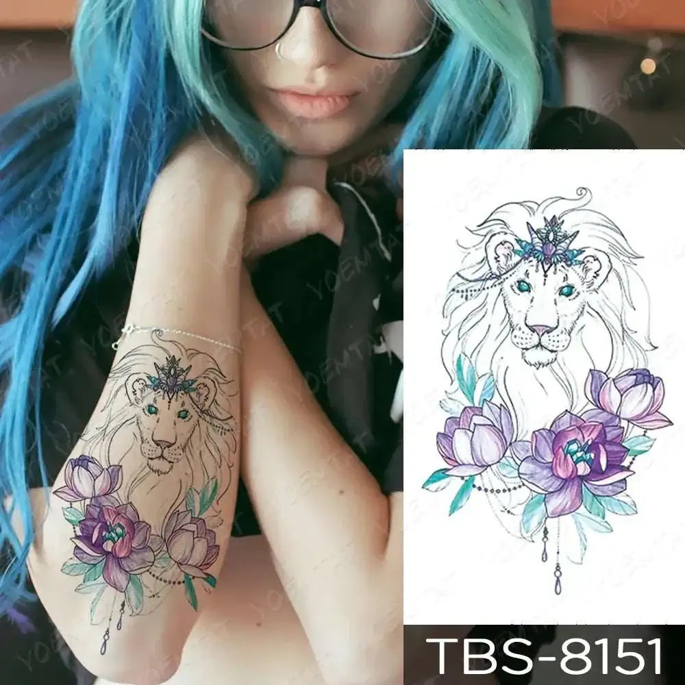Teal Phoenix and floral waterproof temporary tattoo with a detailed lion, blue eyes, ornate crown, and purple lotus flowers