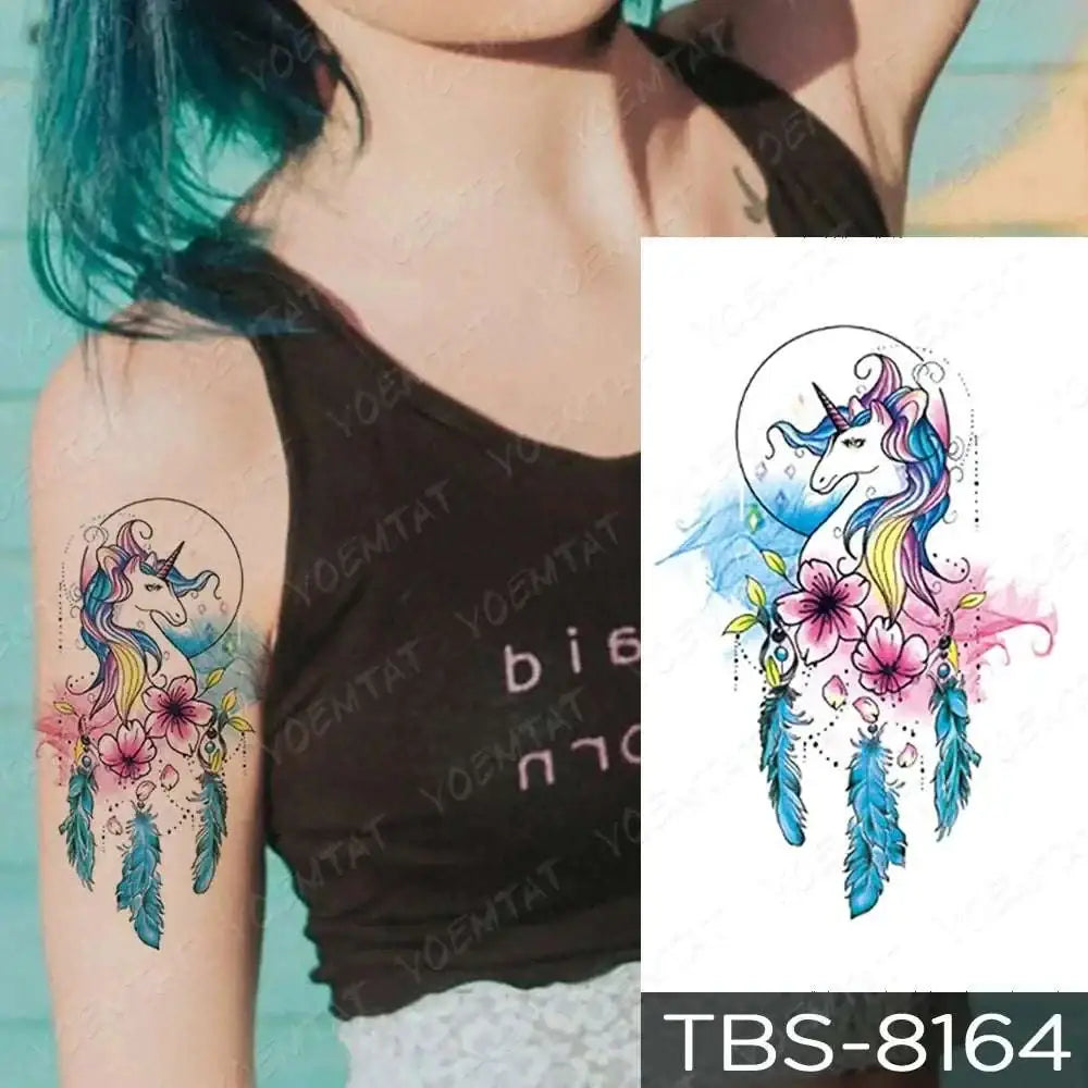 Colorful teal phoenix and floral waterproof temporary tattoo sticker with rainbow mane and pastel feathers for temporary body use