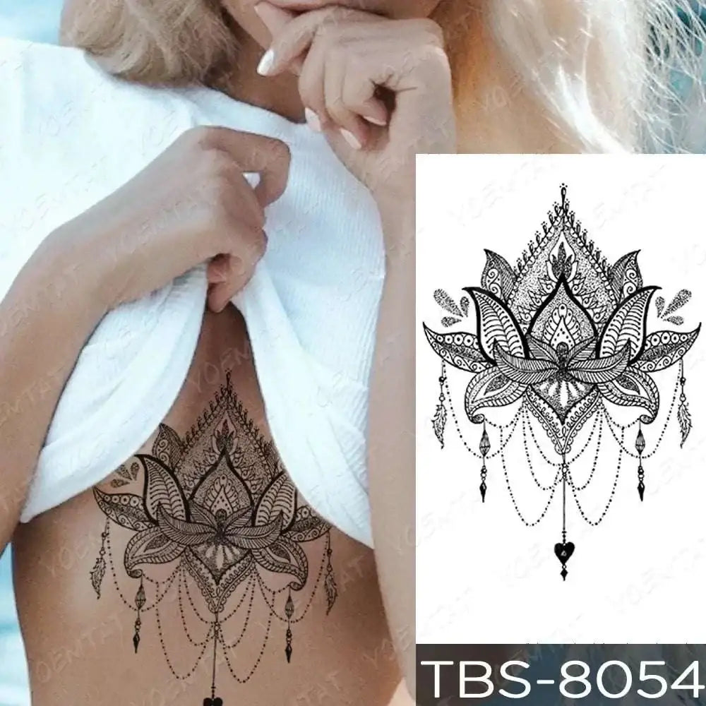 Black intricate lotus flower temporary body tattoo with lacework and chains in teal phoenix floral waterproof temporary design