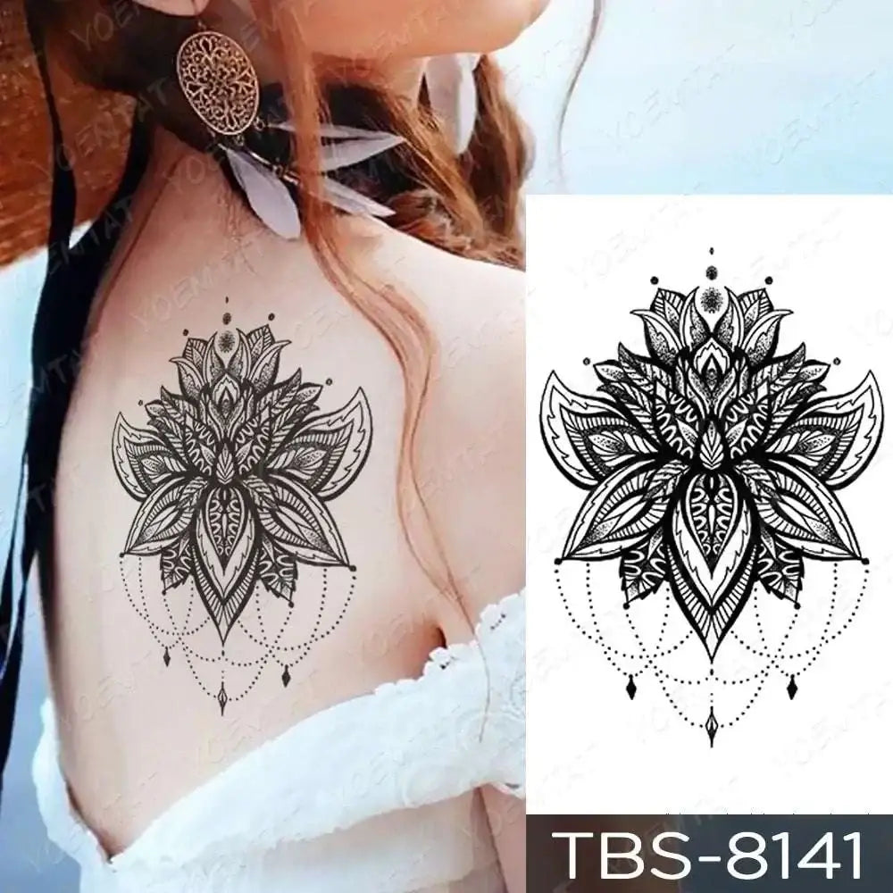 Black mandala flower temporary body tattoo with intricate line work and dangling dots in teal phoenix floral waterproof design