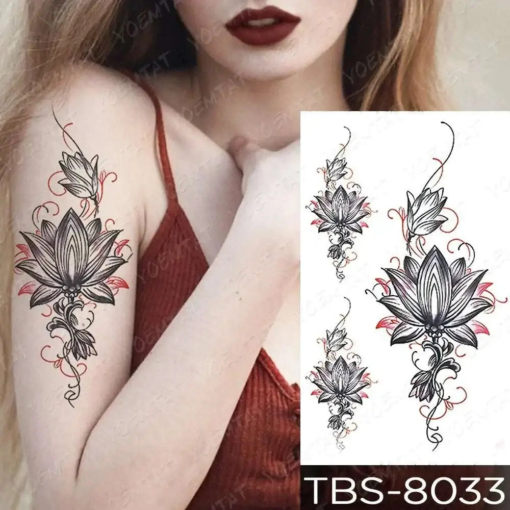 Temporary body tattoo stickers featuring black and pink lotus floral waterproof temporary designs with teal phoenix elements