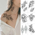 Black floral and skull-themed teal phoenix floral waterproof temporary body tattoo stickers with intricate line art designs