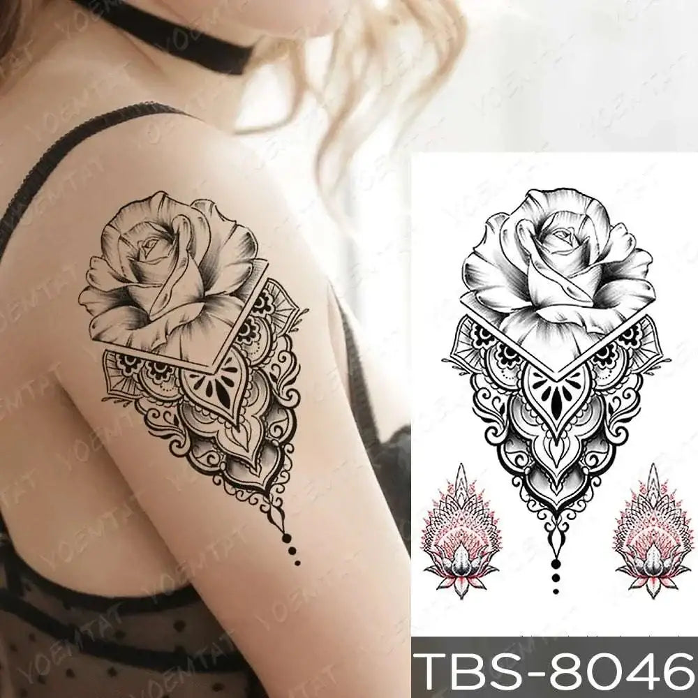 Black and white floral waterproof temporary tattoo with intricate mandala and detailed rose design from teal phoenix