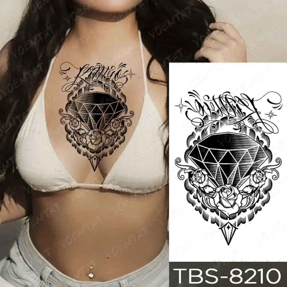 Black and white floral waterproof temporary tattoo with detailed diamond and rose design featuring ornate script for temporary body art