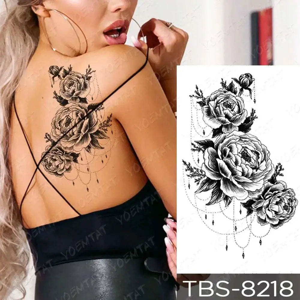 Black and white floral waterproof temporary tattoo with delicate chain details for temporary body art teal phoenix design