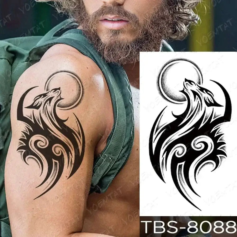 Black and white tribal wolf howling at moon floral waterproof temporary tattoo for temporary body art