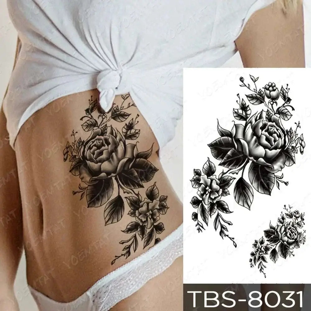 Teal phoenix and floral waterproof temporary tattoo sticker with black and white detailed rose design for temporary body use