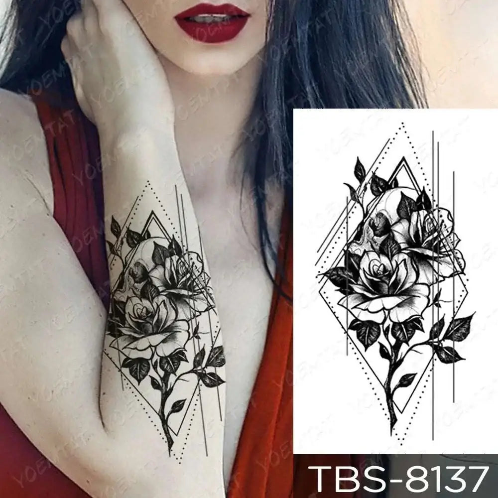 Black and white geometric rose design on a teal phoenix floral waterproof temporary tattoo for temporary body art