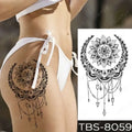 Black and white floral waterproof temporary tattoo with teal phoenix design and intricate dreamcatcher-style patterns