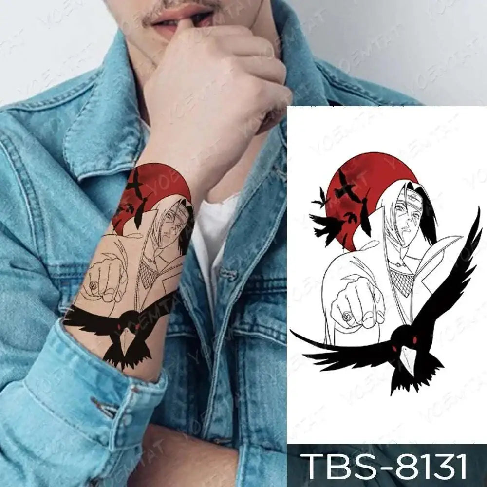 Temporary body art featuring a black and white line art character with long hair and crows on a red circular background from the teal phoenix floral waterproof temporary tattoo collection