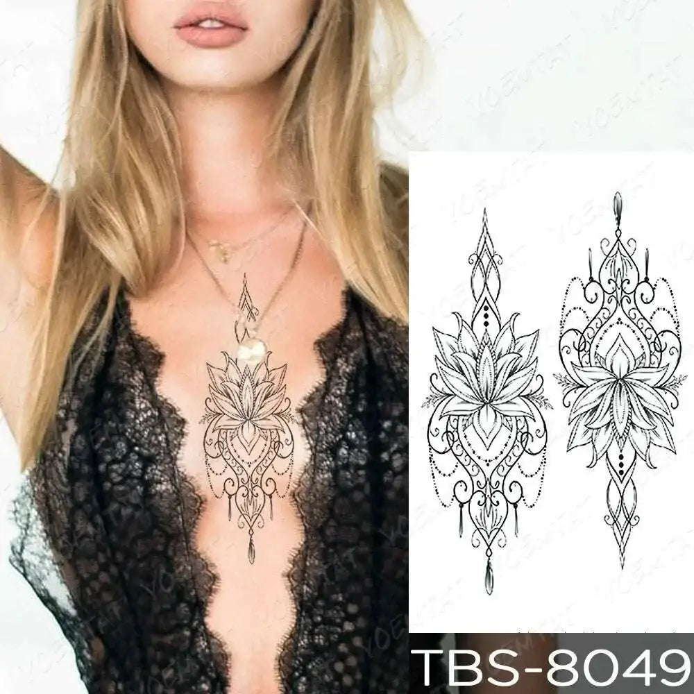 Black and white ornate floral waterproof temporary tattoo designs from the teal phoenix temporary body collection