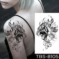 Black and white floral tiger temporary body tattoo sticker with intricate line art from teal phoenix floral waterproof temporary collection