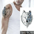 Blue and black ornate wolf face temporary body tattoo in teal phoenix and floral waterproof temporary design