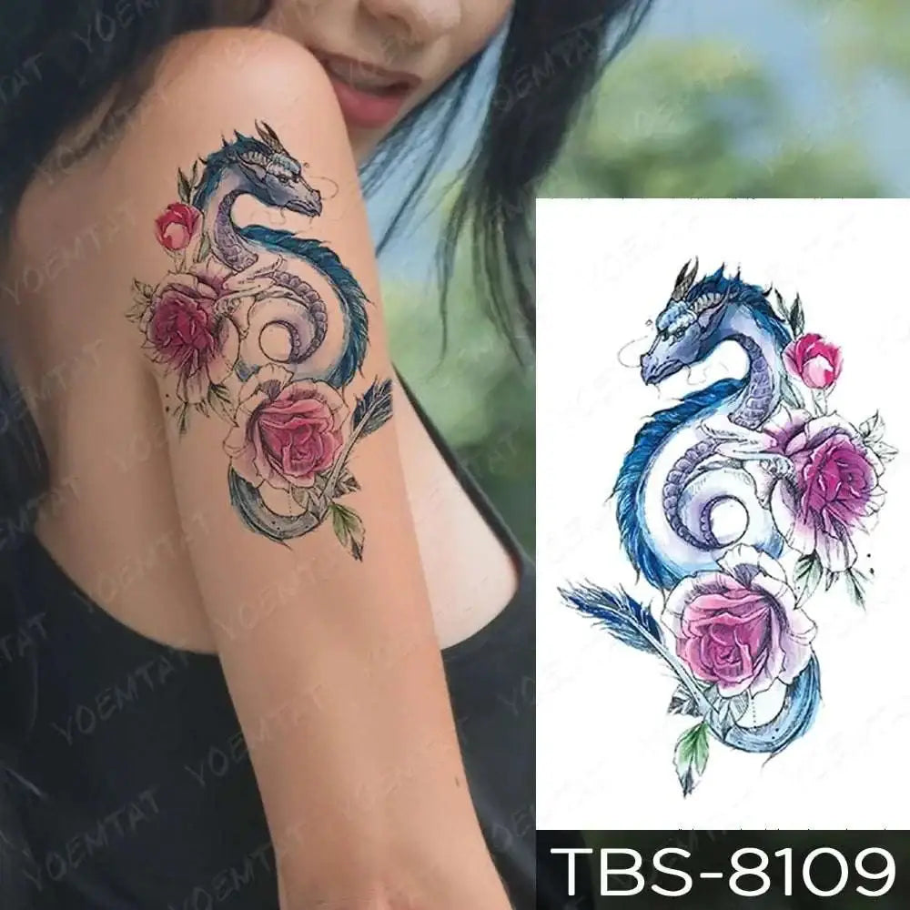 Teal phoenix and floral waterproof temporary tattoo featuring a blue dragon with pink roses for temporary body art