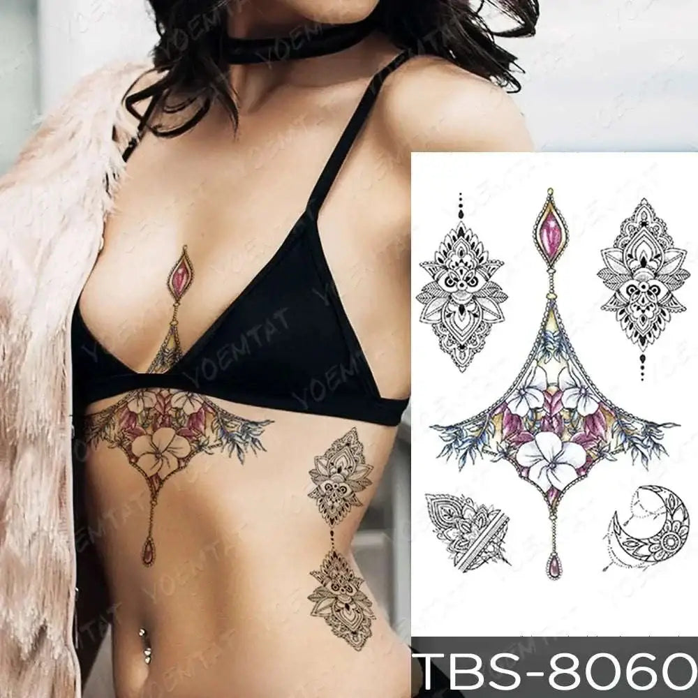 Temporary body art stickers with teal phoenix and floral waterproof temporary tattoo featuring gold outlines and pink accents