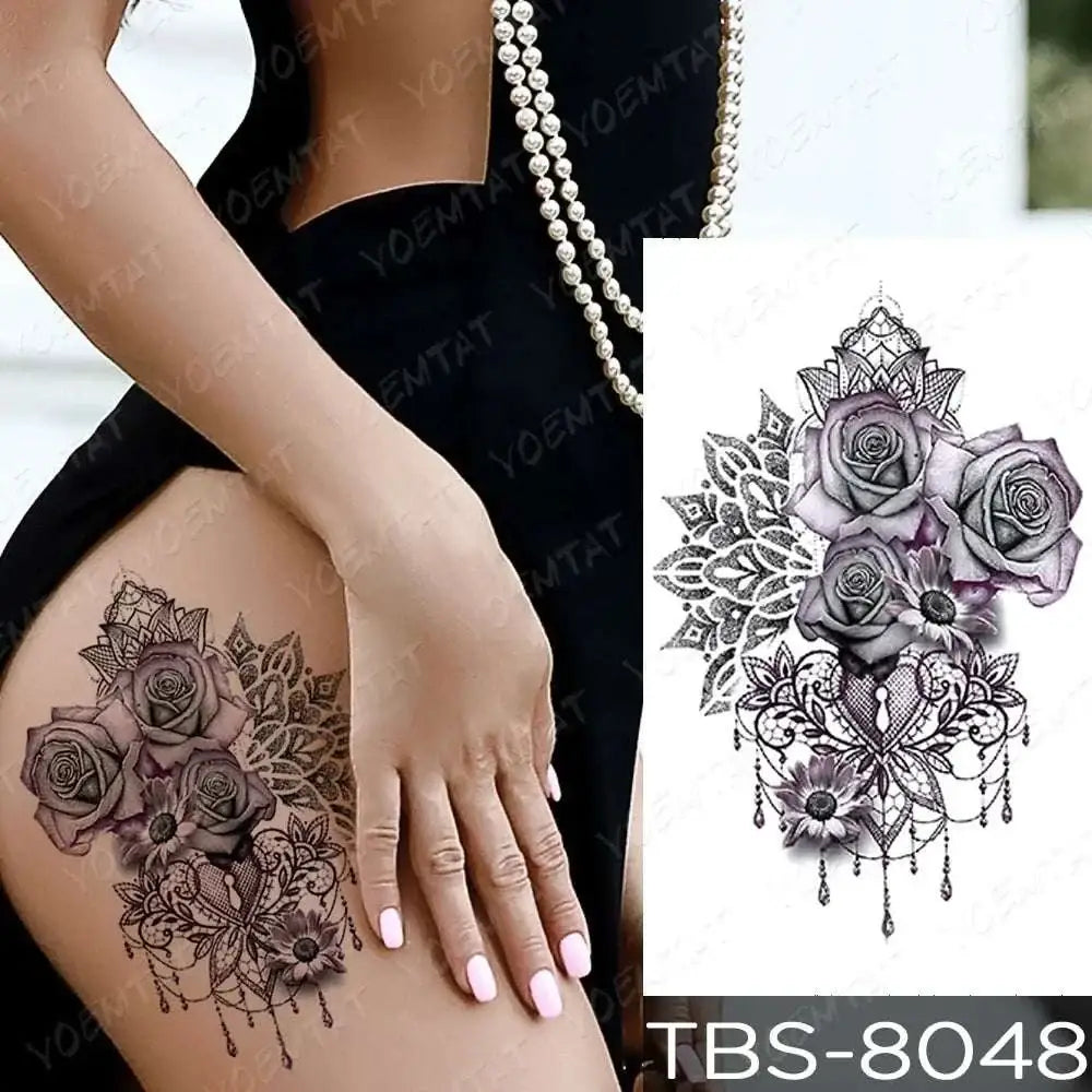Delicate black and gray floral waterproof temporary tattoo with roses mandala and lace detailing from teal phoenix