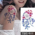 Teal phoenix floral waterproof temporary tattoo featuring a dreamcatcher with pink cherry blossoms and blue feathers