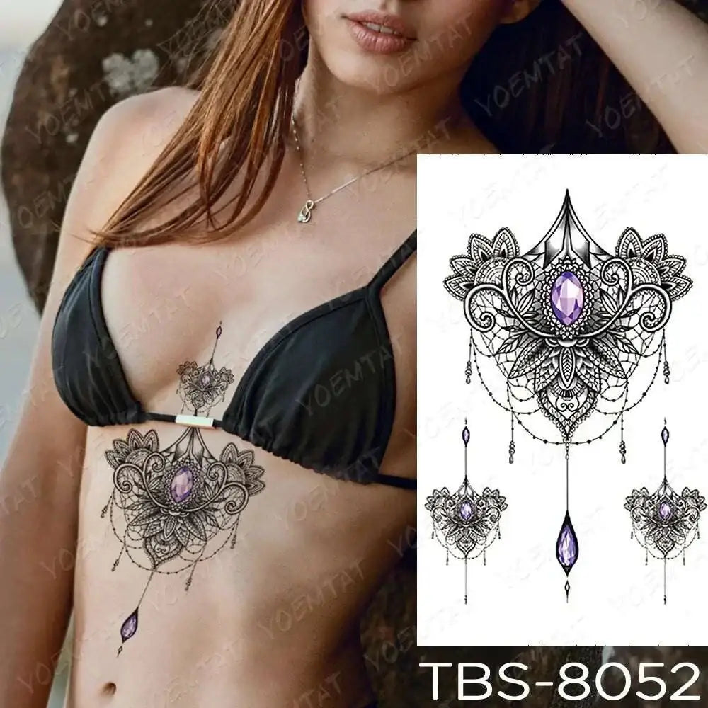 Elegant purple gemstone temporary body tattoo set with intricate black lace mandala designs from teal phoenix floral waterproof temporary collection