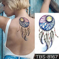 Teal phoenix floral waterproof temporary tattoo with vibrant dreamcatcher design featuring glowing moon and feathers