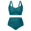 Teal plus size high waisted two piece swimsuit with ruched detailing and adjustable straps for comfortable wear