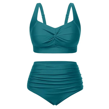 Teal plus size high waisted two piece swimsuit with ruched detailing and adjustable straps for comfortable fit