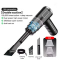 Black handheld car vacuum with sleek ergonomic design and transparent section for internal motor in teal portable car cleaner with powerful suction