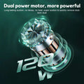 Teal portable car vacuum cleaner with powerful suction features a 120w dual power motor and sleek metallic translucent design