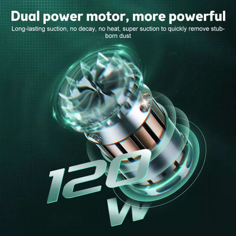 Teal portable car vacuum cleaner with powerful suction features a 120w dual power motor and sleek metallic translucent design