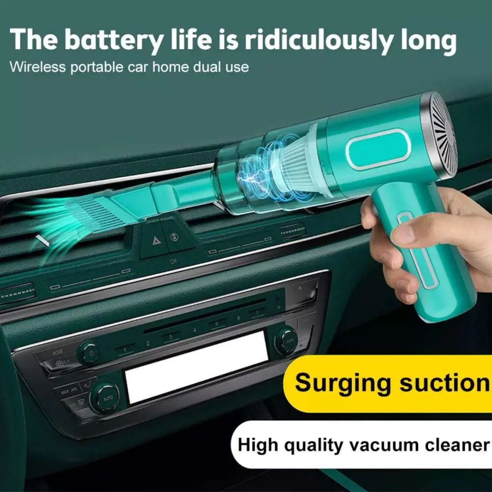 Teal portable car cordless vacuum cleaner with powerful suction and transparent dust chamber with brush attachment
