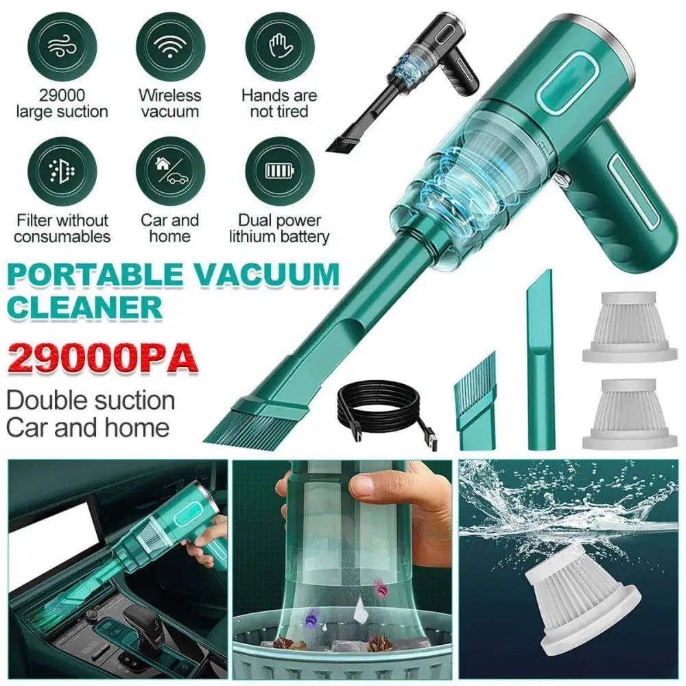 Teal portable car vacuum cleaner with transparent dust chamber and dual lithium battery for powerful suction