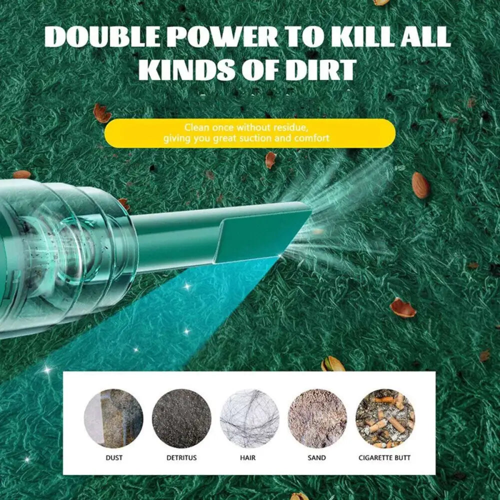 Transparent green nozzle of teal portable car vacuum cleaner with powerful suction and cordless portable vacuum design