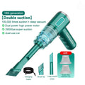 Teal portable car vacuum cleaner with transparent body and ergonomic grip featuring powerful suction and cordless design