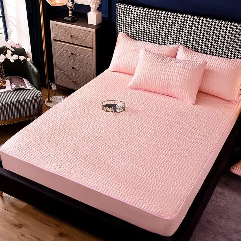 Pink quilted thickened all-inclusive dust-proof single-piece fitted bed sheet with a subtle geometric pattern