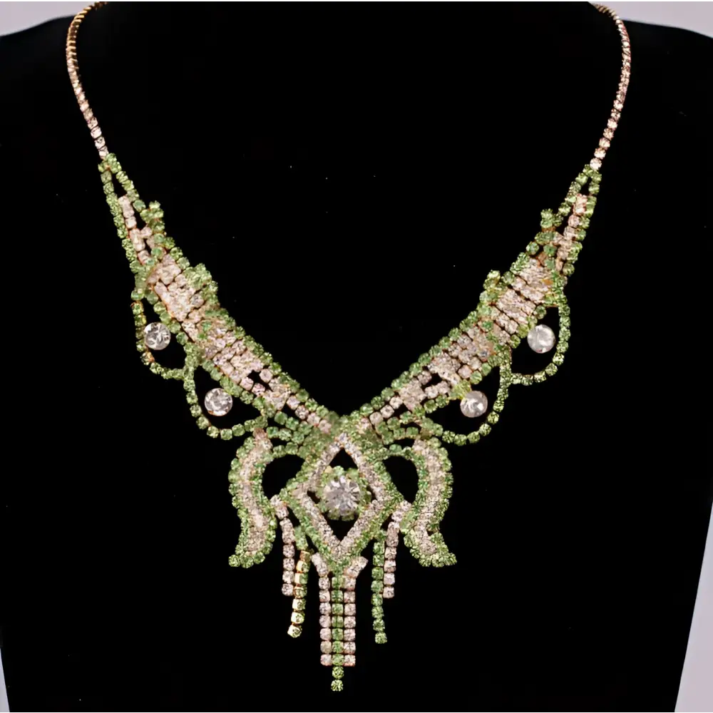 Teal rhinestone american exaggerated butterfly jewelry set featuring a sparkling green and clear rhinestone necklace with ornate design
