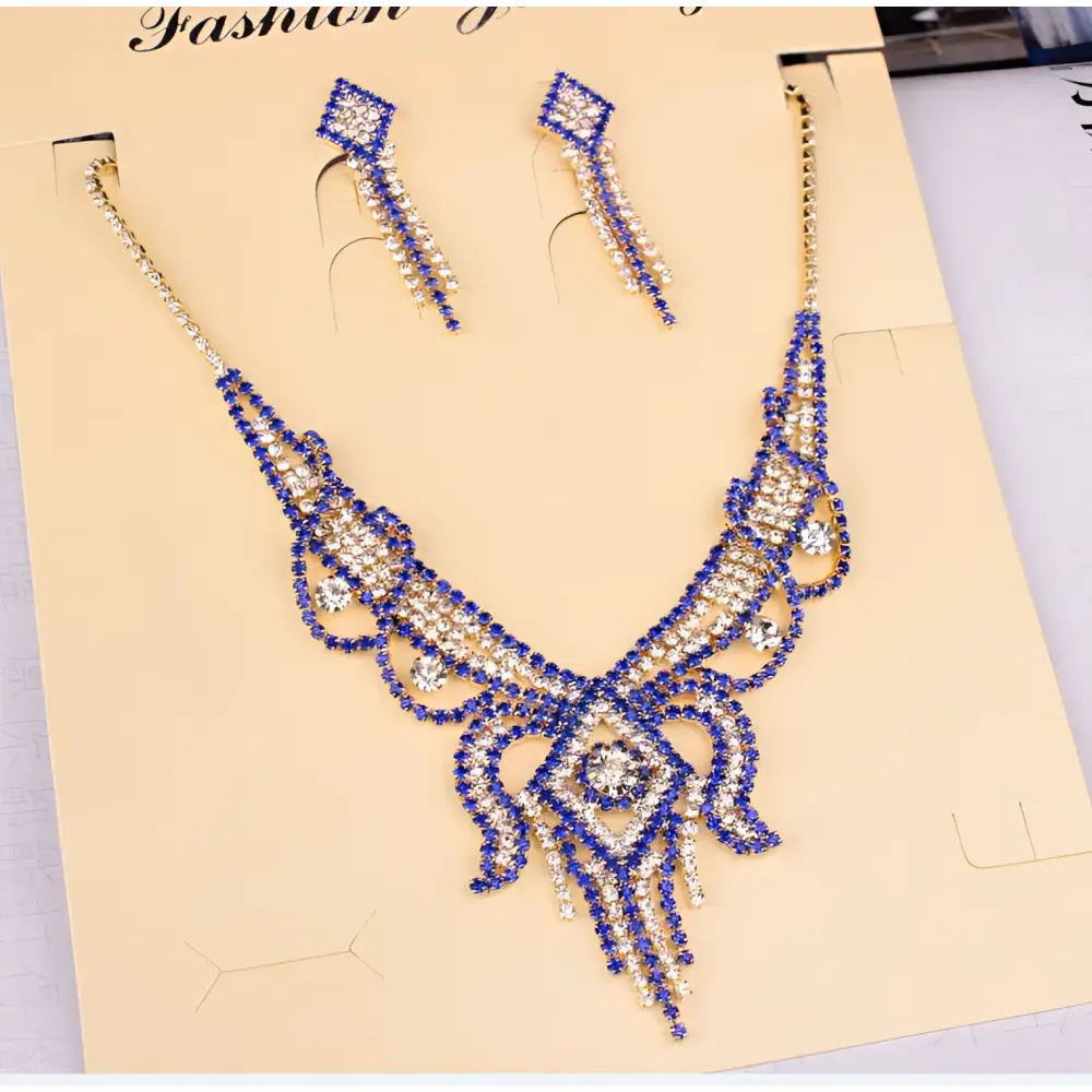 Blue and gold rhinestone american exaggerated butterfly jewelry set with diamond-shaped centerpiece necklace