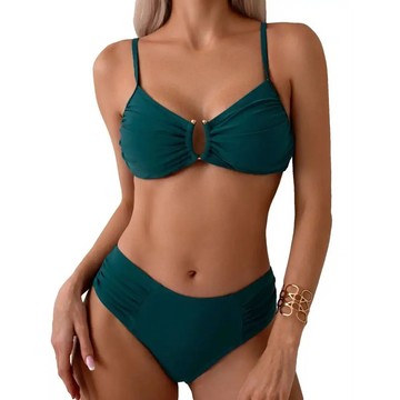 Teal ruched underwire two piece bikini set with gold toned circular hardware featuring a stylish ruched design