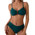 Teal ruched underwire two piece bikini set with gold toned circular hardware and ruched detailing
